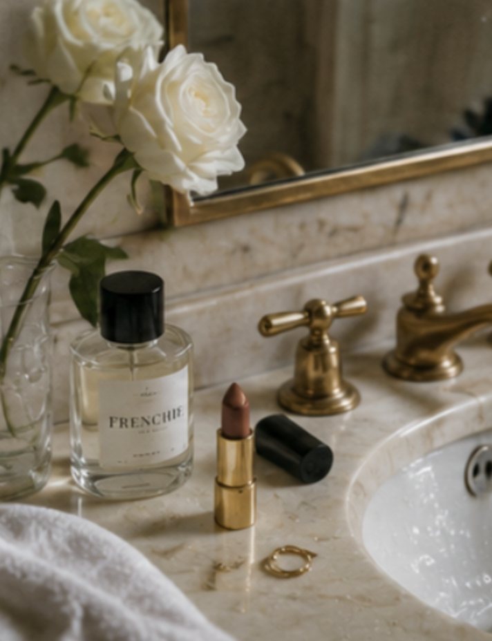 A marble vanity with white roses, a bottle of Frenchie perfume, a lipstick and a gold ring beside brass taps.