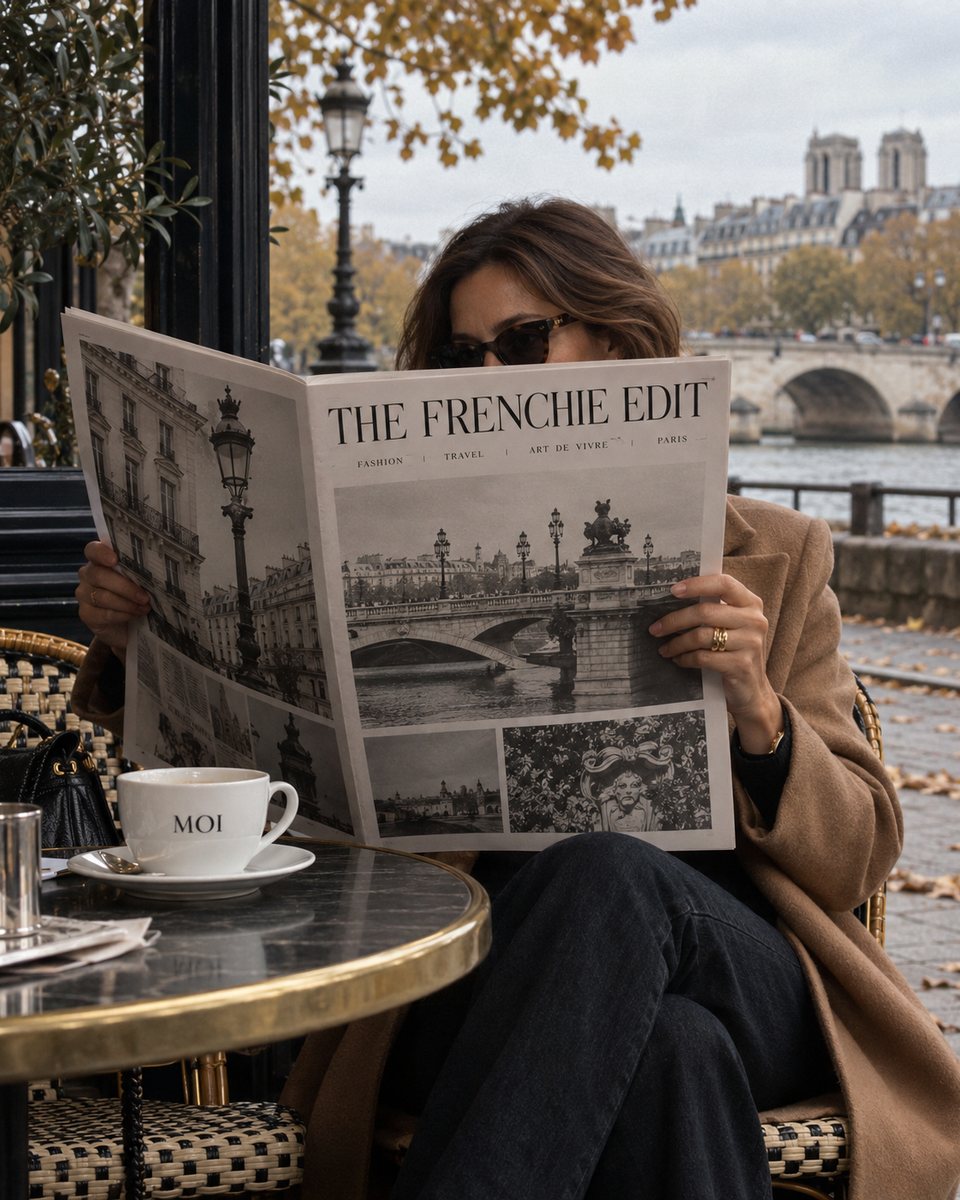 A woman in a camel coat and sunglasses reading The Frenchie Edit at a café by the Seine, a MOI cup on the table.