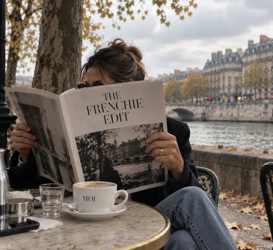 A woman at a café table by the Seine in autumn, reading The Frenchie Edit, a MOI cup in front of her.