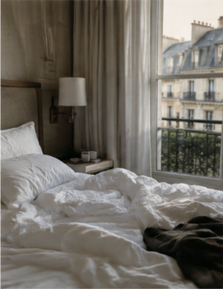 An unmade white bed by a tall window looking out on Paris balconies.