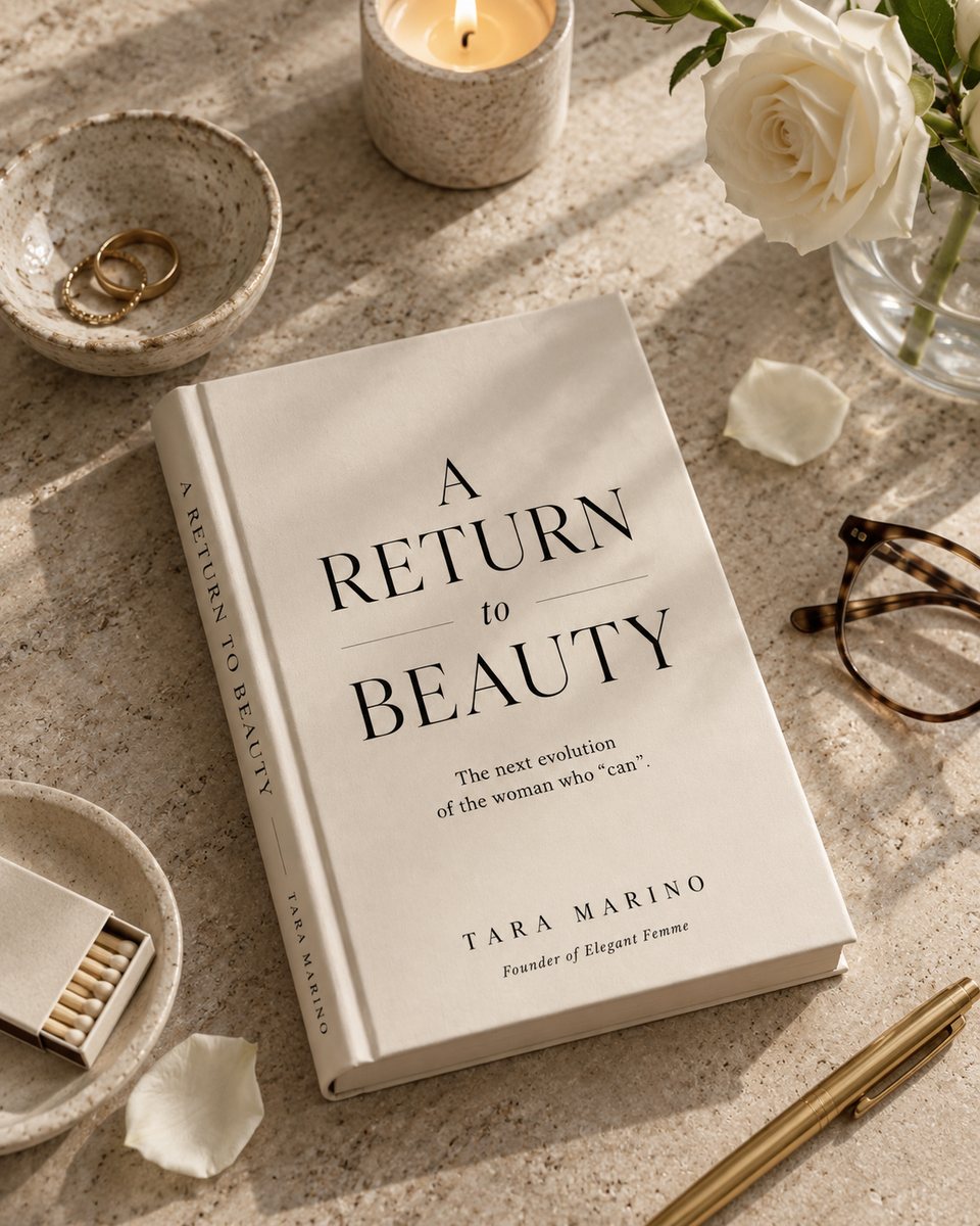 Tara Marino’s book A Return to Beauty on a stone table with a candle, rings in a dish, a white rose, glasses and a gold pen.
